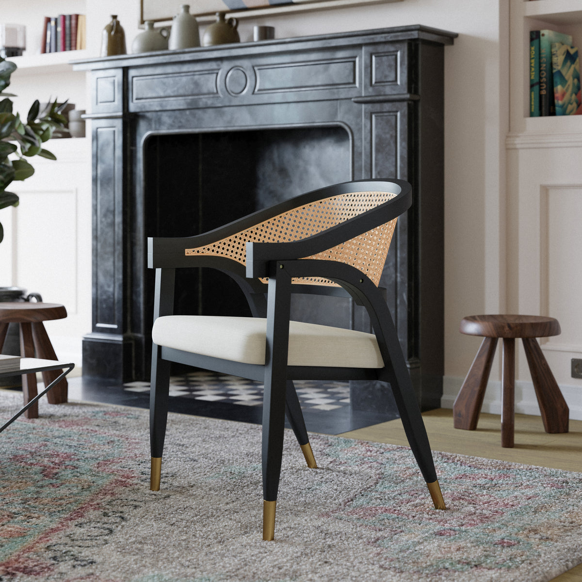 Naomi Commercial Cane Rattan Dining and Accent Chair with Solid Wood Frame Featuring Gold Tipped Legs and Beige Padded Seat in Natural/Black