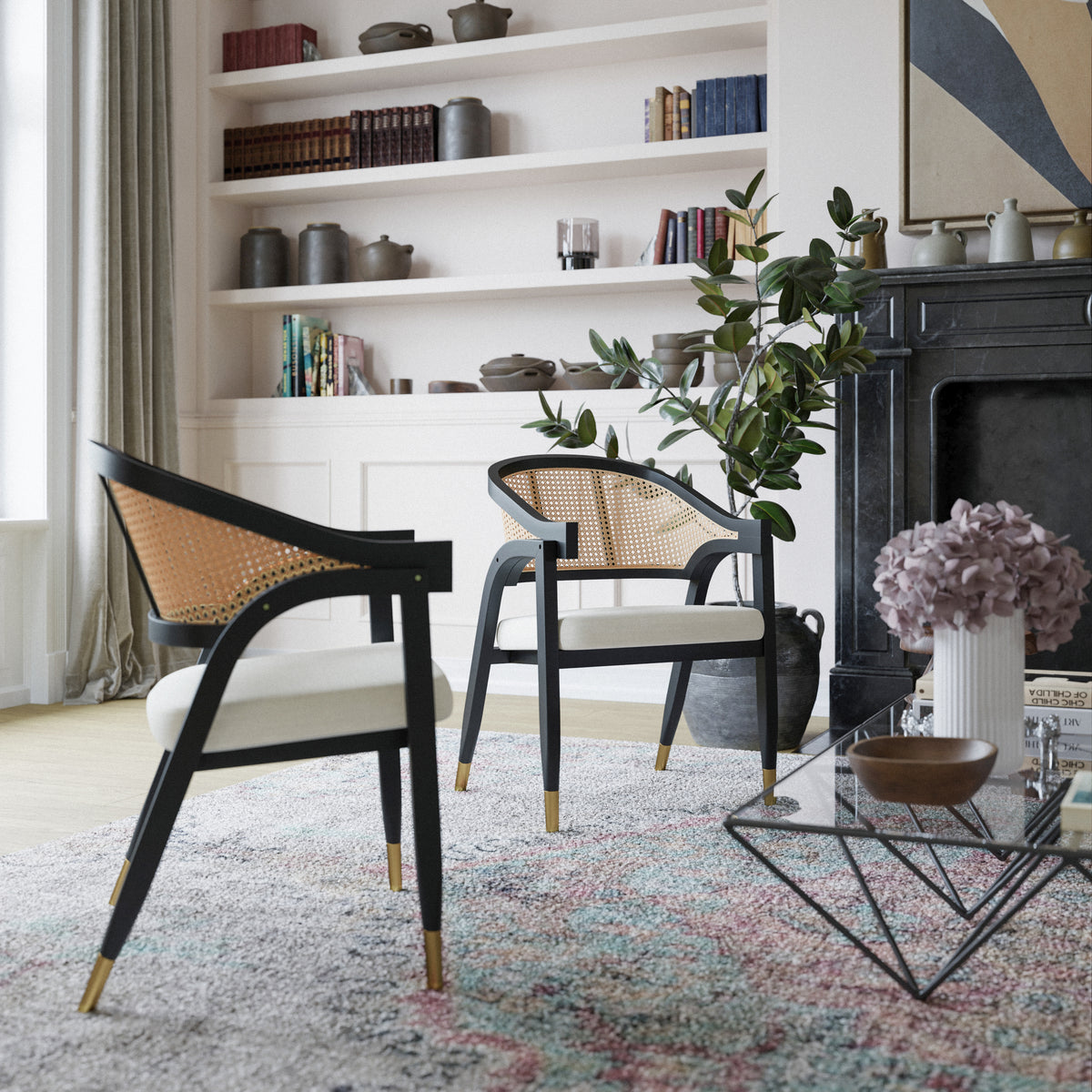 Naomi Commercial Cane Rattan Dining and Accent Chair with Solid Wood Frame Featuring Gold Tipped Legs and Beige Padded Seat in Natural/Black