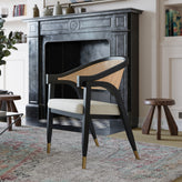 Naomi Commercial Cane Rattan Dining and Accent Chair with Solid Wood Frame Featuring Gold Tipped Legs and Beige Padded Seat in Natural/Black