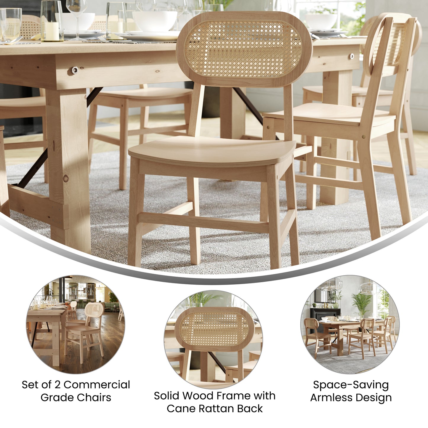 Jacob Set of 2 Commercial Cane Rattan Dining and Event Chairs with Solid Wood Frame and Seat, Natural