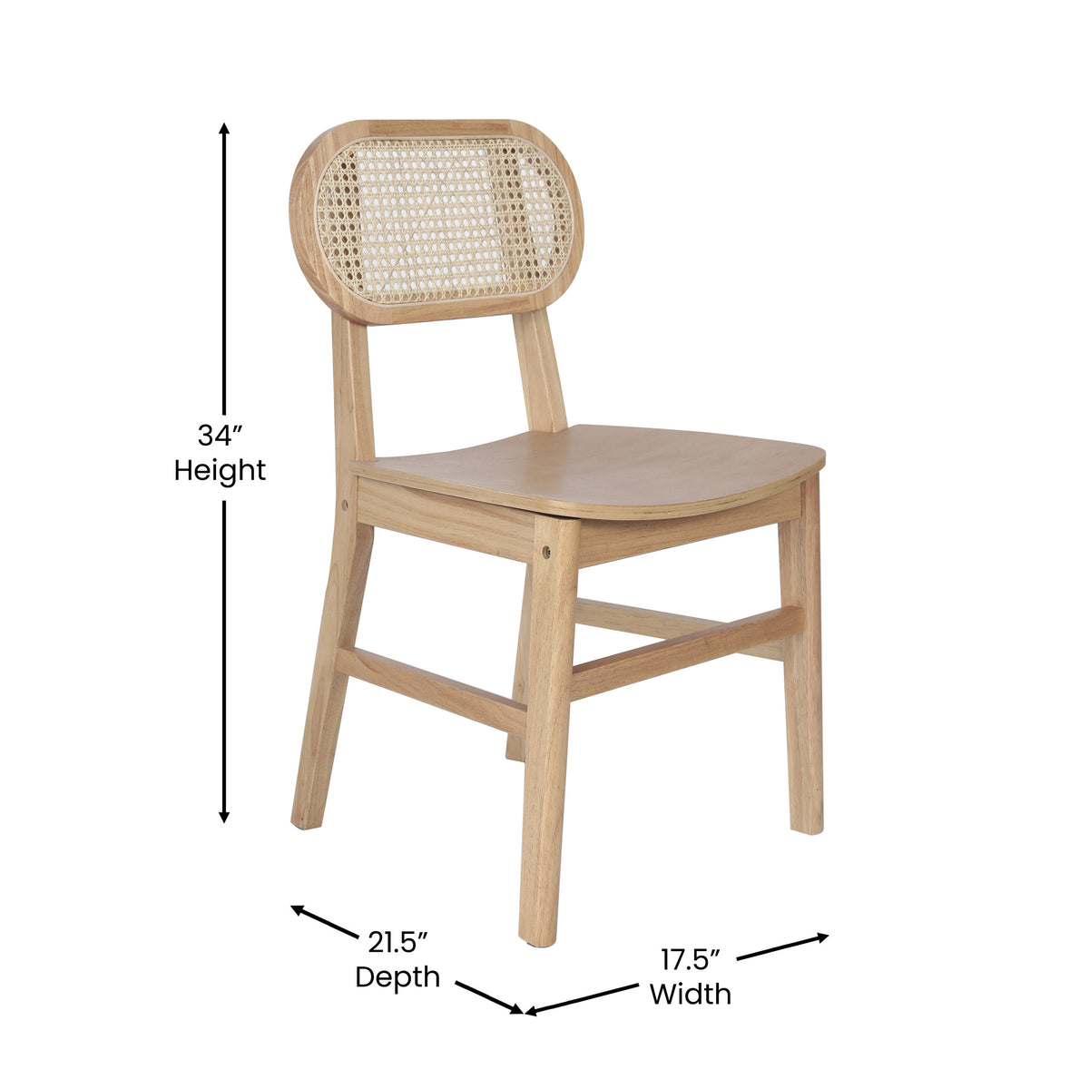 Jacob Set of 2 Commercial Cane Rattan Dining and Event Chairs with Solid Wood Frame and Seat, Natural
