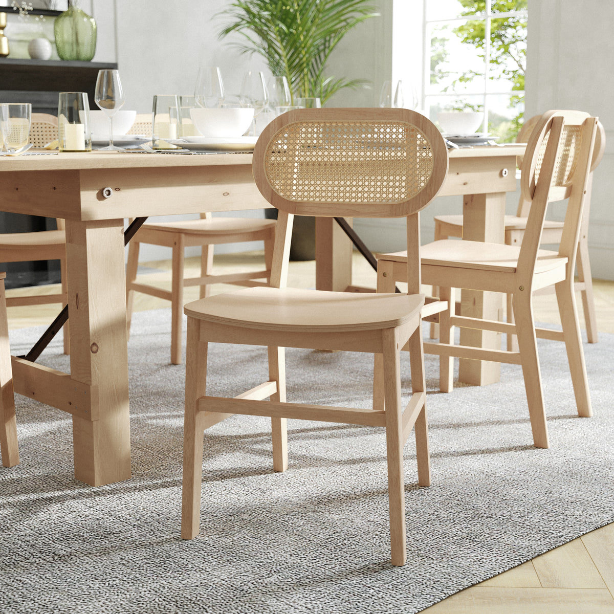 Jacob Set of 2 Commercial Cane Rattan Dining and Event Chairs with Solid Wood Frame and Seat, Natural