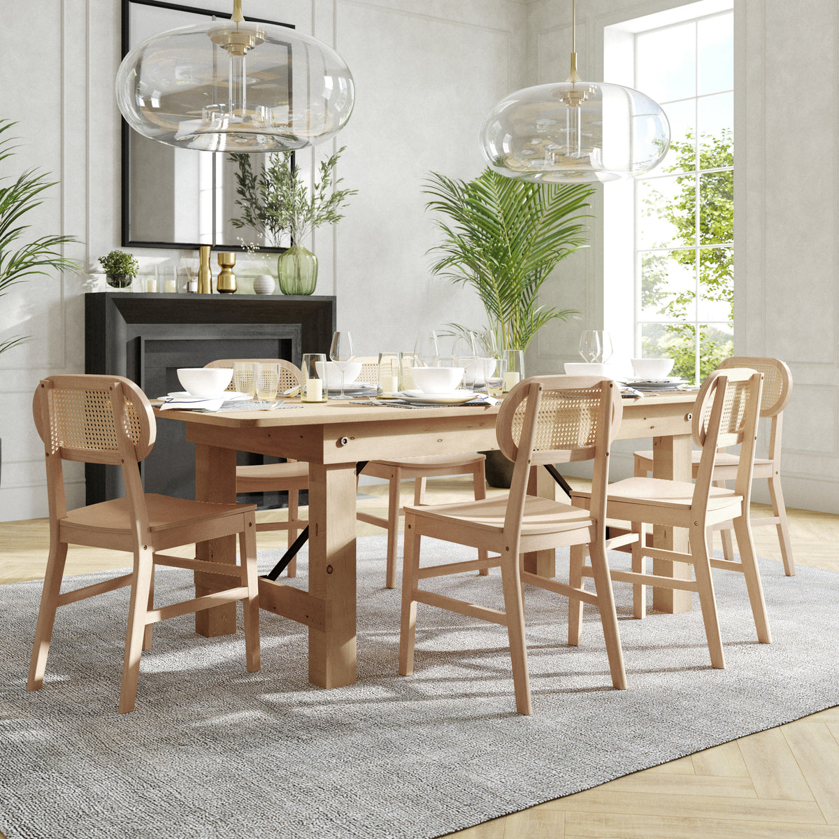 Jacob Set of 2 Commercial Cane Rattan Dining and Event Chairs with Solid Wood Frame and Seat, Natural