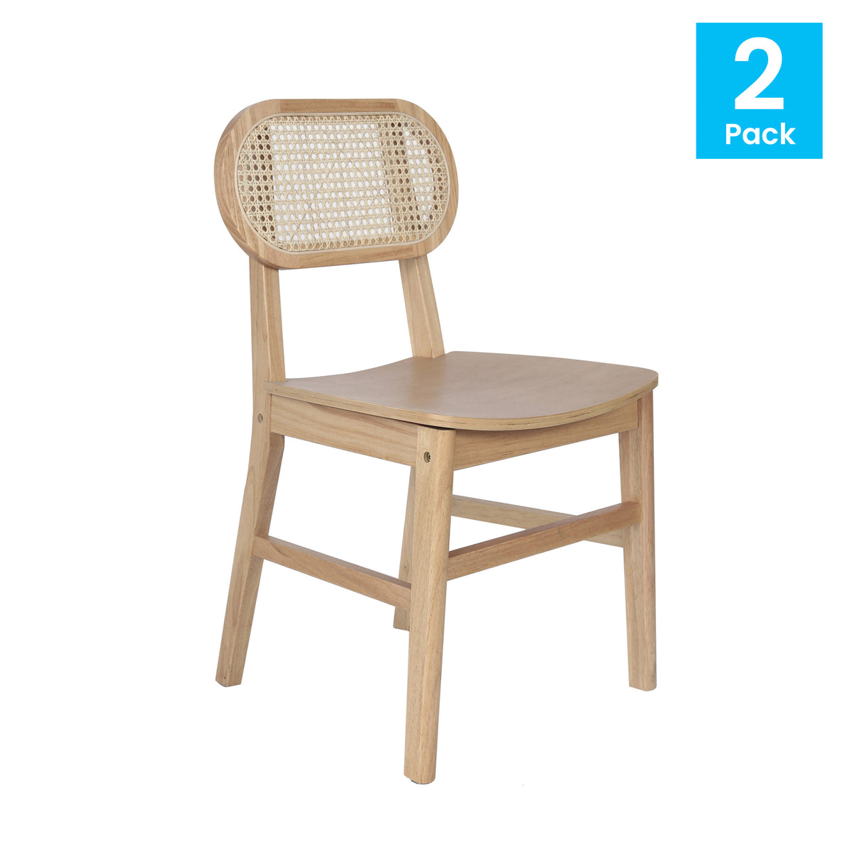 Jacob Set of 2 Commercial Cane Rattan Dining and Event Chairs with Solid Wood Frame and Seat, Natural