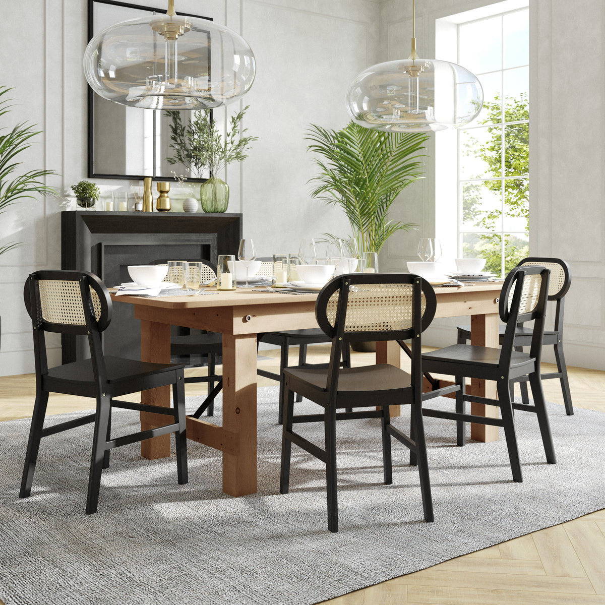 Jacob Set of 2 Commercial Cane Rattan Dining and Event Chairs with Solid Wood Frame and Seat, Natural/Black