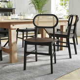Jacob Set of 2 Commercial Cane Rattan Dining and Event Chairs with Solid Wood Frame and Seat, Natural/Black