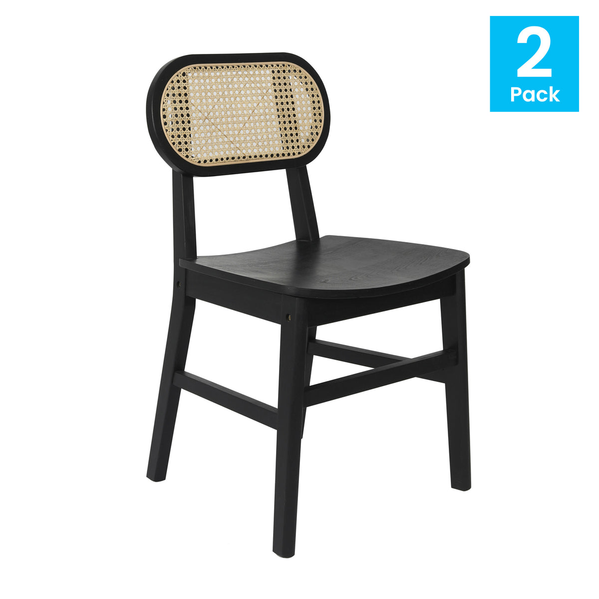 Jacob Set of 2 Commercial Cane Rattan Dining and Event Chairs with Solid Wood Frame and Seat, Natural/Black