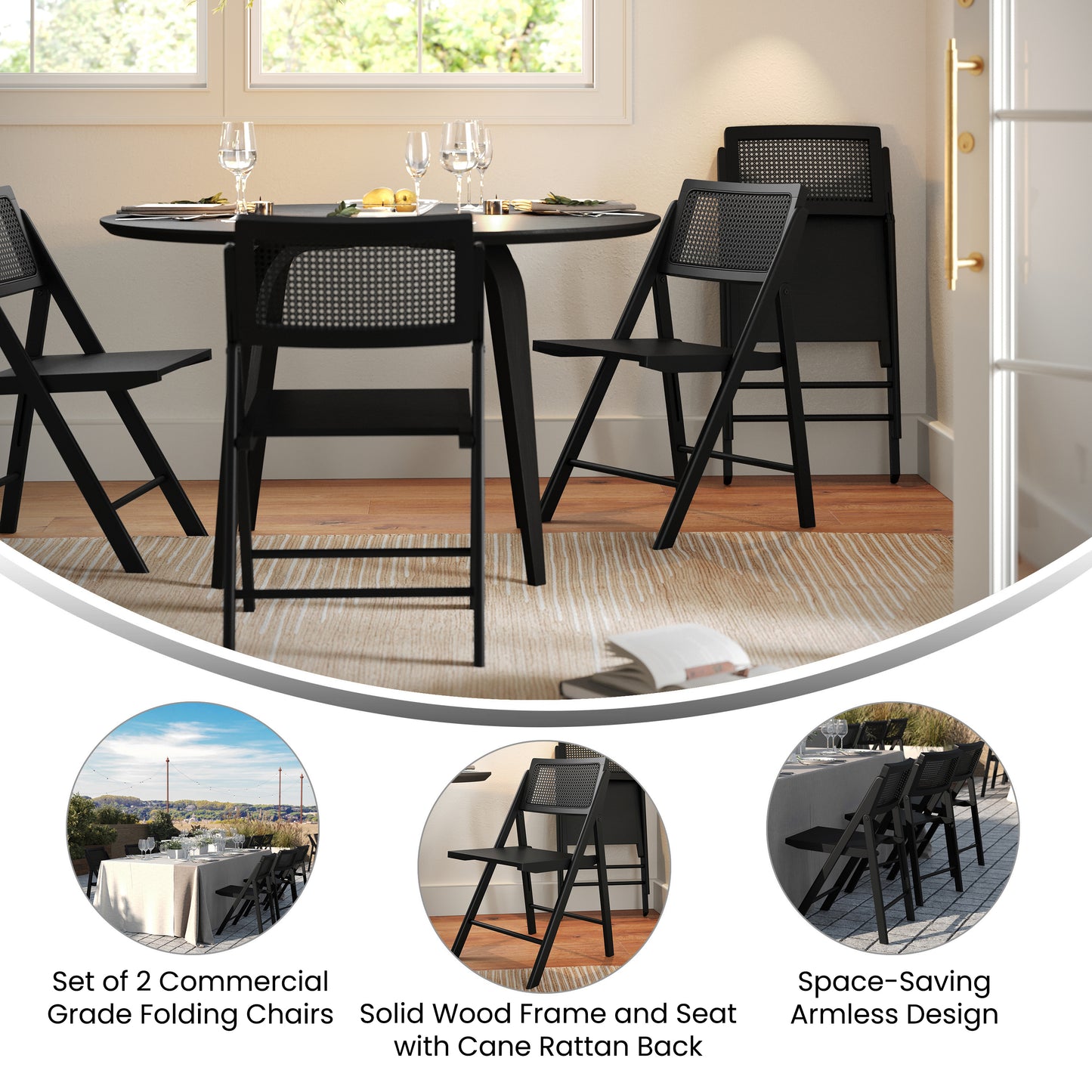Galene Set of 2 Cane Rattan Folding Chairs with Solid Wood Frame and Seat and Ventilated Back, Perfect for Events or Additional Seating, Natural/Black