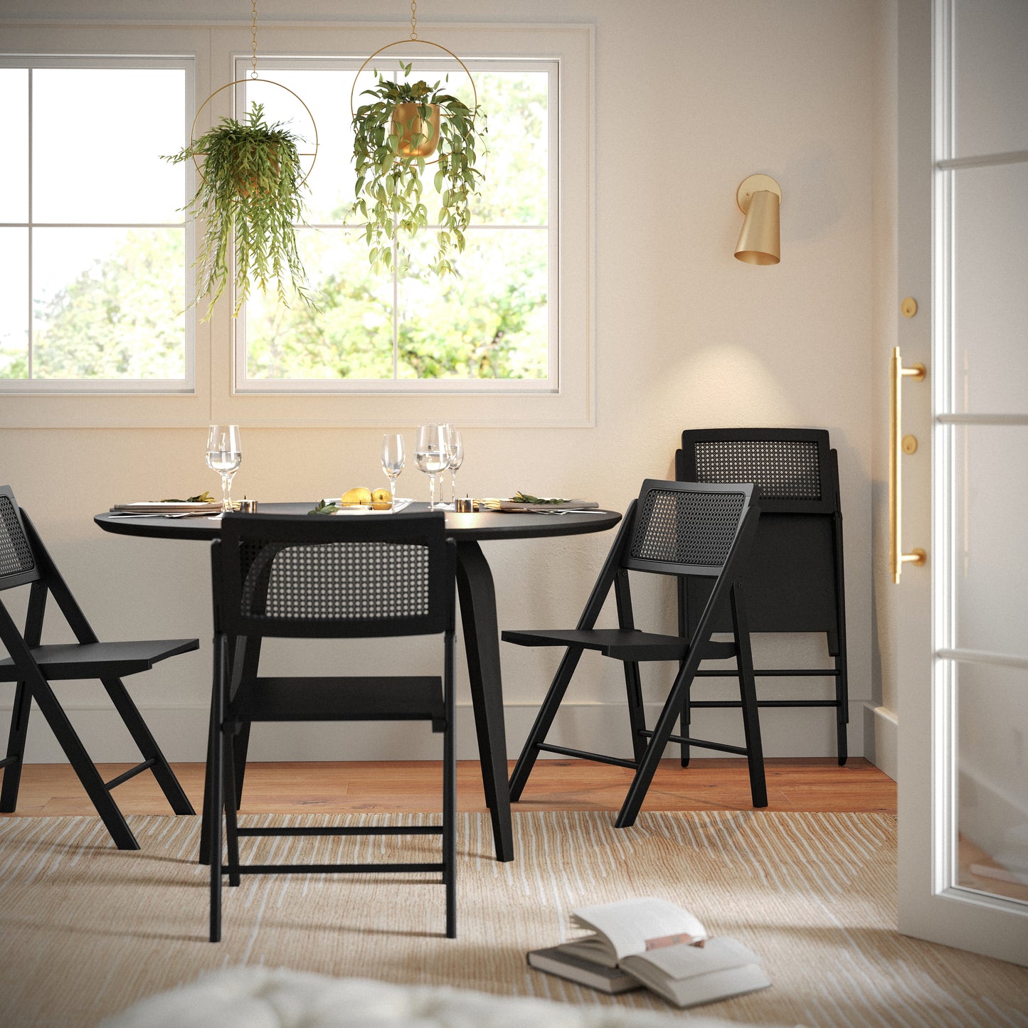 Galene Set of 2 Cane Rattan Folding Chairs with Solid Wood Frame and Seat and Ventilated Back, Perfect for Events or Additional Seating, Natural/Black