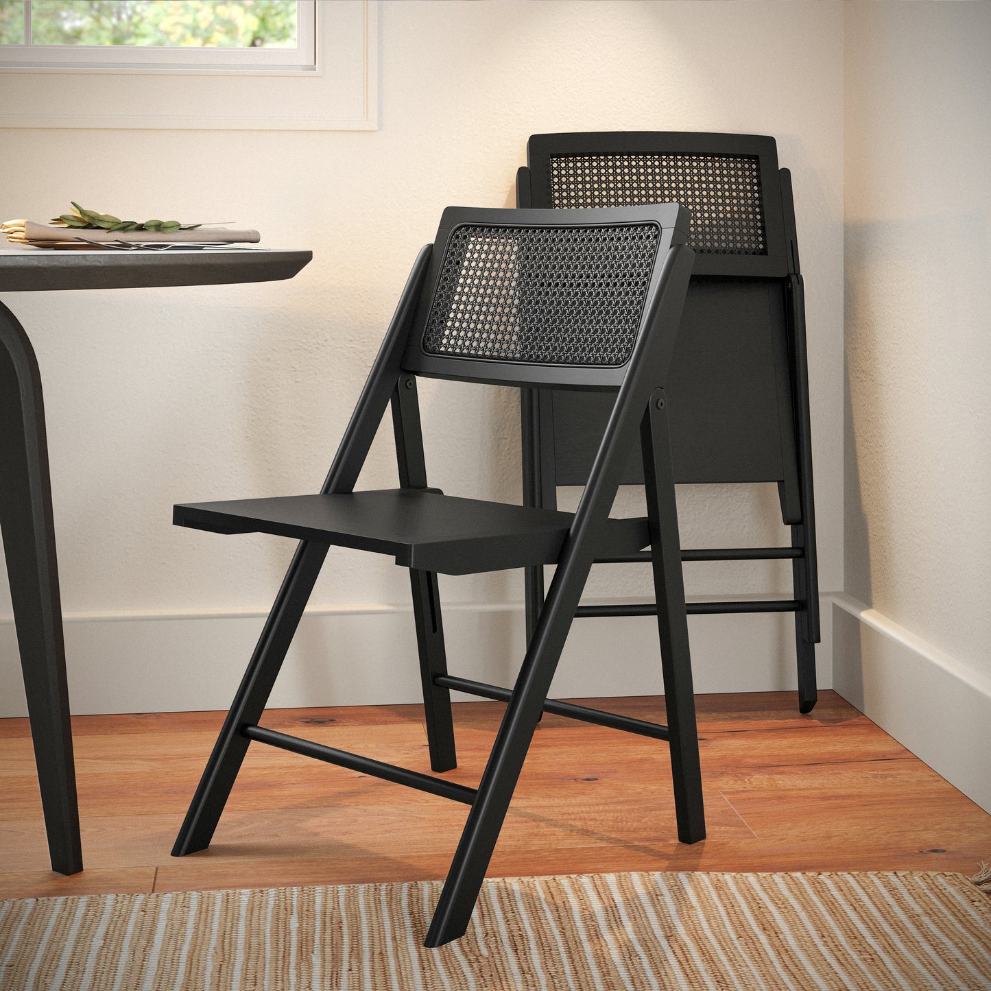 Galene Set of 2 Cane Rattan Folding Chairs with Solid Wood Frame and Seat and Ventilated Back, Perfect for Events or Additional Seating, Natural/Black