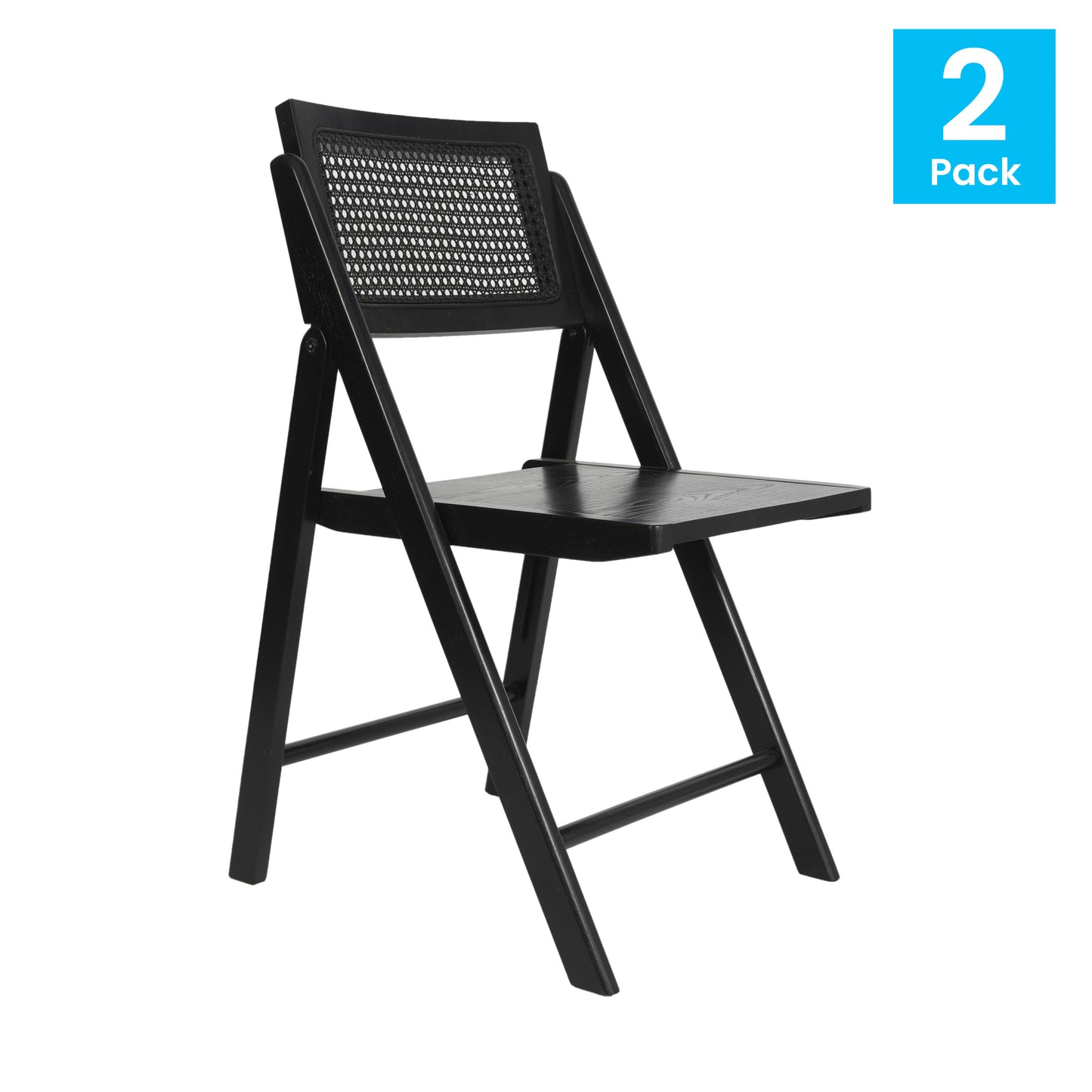 Galene Set of 2 Cane Rattan Folding Chairs with Solid Wood Frame and Seat and Ventilated Back, Perfect for Events or Additional Seating, Natural/Black