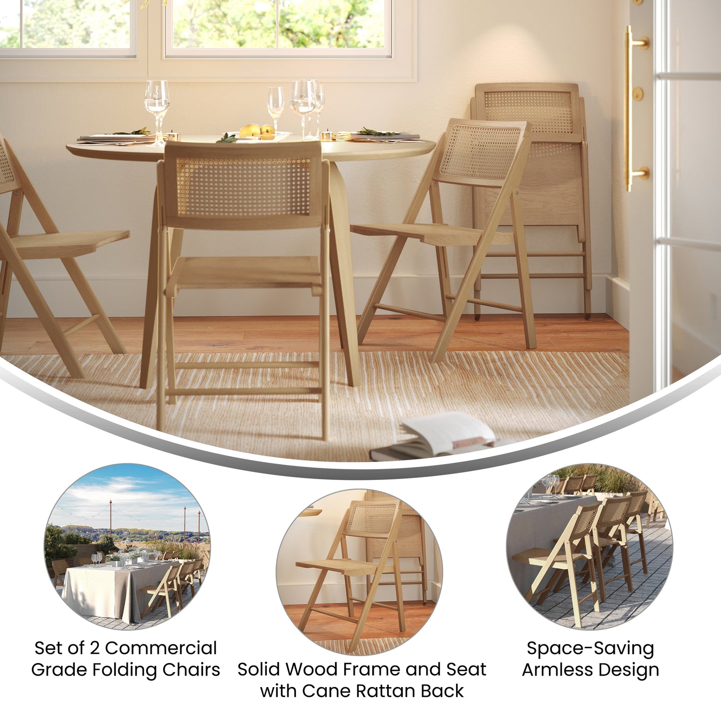 Galene Set of 2 Cane Rattan Folding Chairs with Solid Wood Frame and Seat and Ventilated Back, Perfect for Events or Additional Seating, Natural