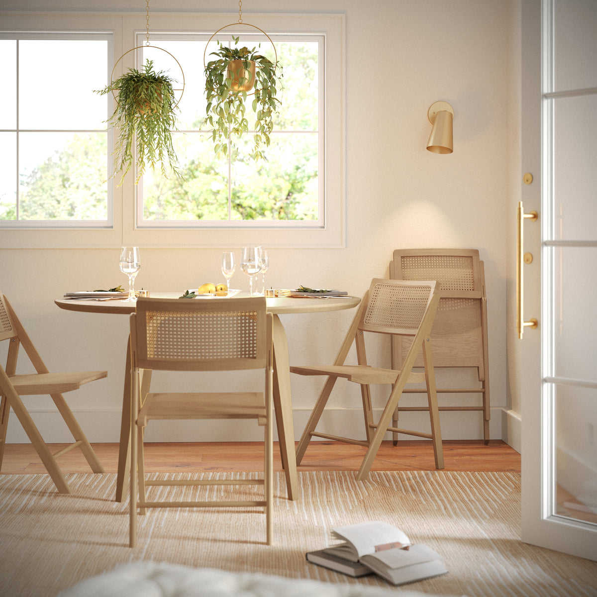 Galene Set of 2 Cane Rattan Folding Chairs with Solid Wood Frame and Seat and Ventilated Back, Perfect for Events or Additional Seating, Natural