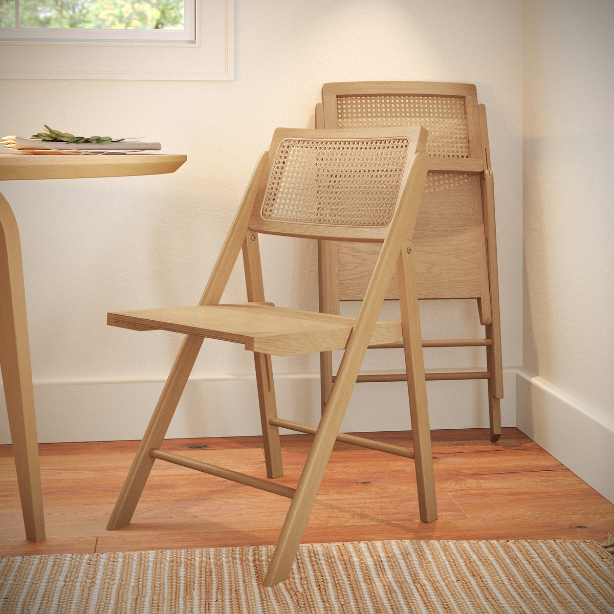Galene Set of 2 Cane Rattan Folding Chairs with Solid Wood Frame and Seat and Ventilated Back, Perfect for Events or Additional Seating, Natural