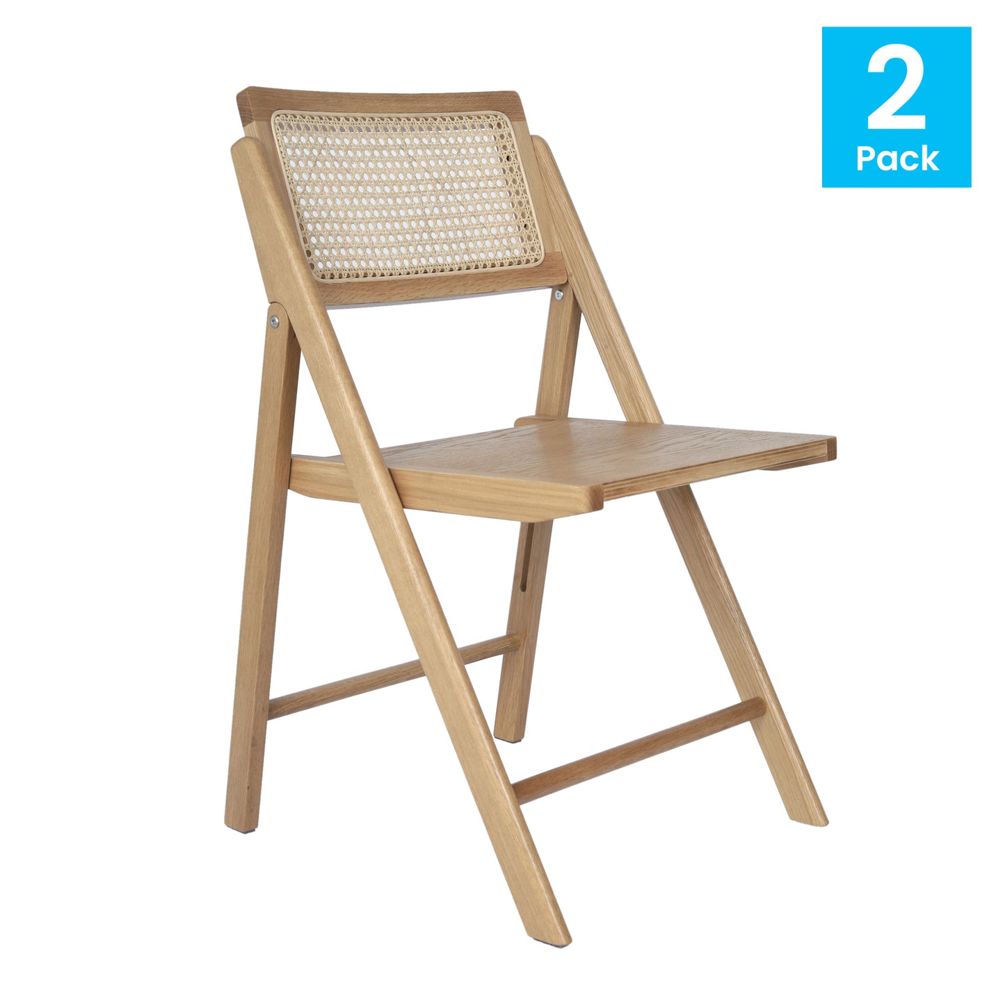 Galene Set of 2 Cane Rattan Folding Chairs with Solid Wood Frame and Seat and Ventilated Back, Perfect for Events or Additional Seating, Natural