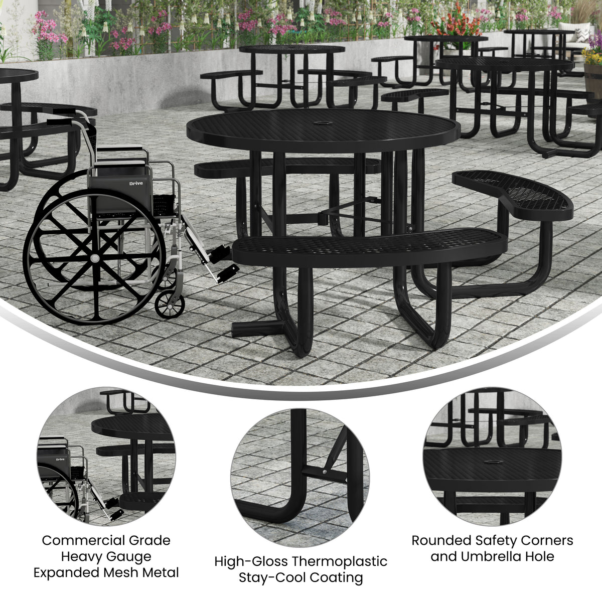 Creekside 46" Round Wheelchair Accessible Commercial Outdoor Picnic Table with Heavy Gauge Expanded Metal Mesh Seats and Top with Umbrella Hole, Black