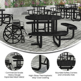 Creekside 46" Round Wheelchair Accessible Commercial Outdoor Picnic Table with Heavy Gauge Expanded Metal Mesh Seats and Top with Umbrella Hole, Black