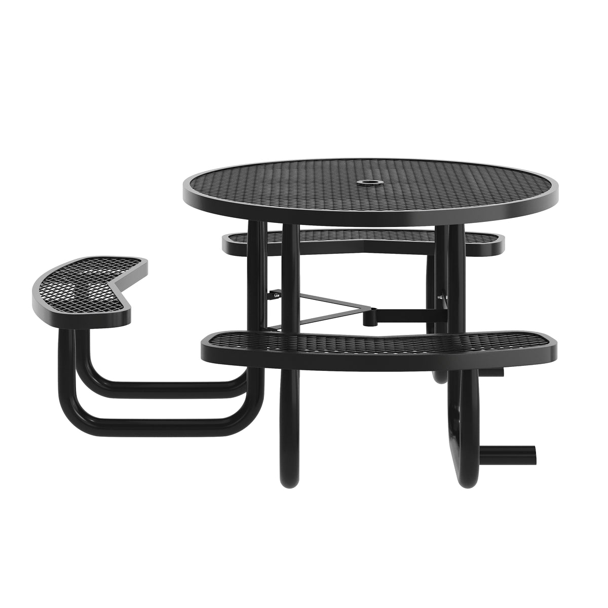 Creekside 46" Round Wheelchair Accessible Commercial Outdoor Picnic Table with Heavy Gauge Expanded Metal Mesh Seats and Top with Umbrella Hole, Black