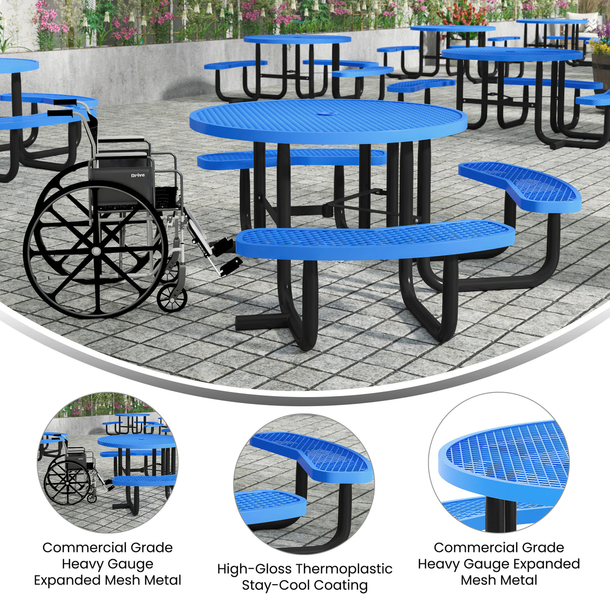 Creekside 46" Round Wheelchair Accessible Commercial Outdoor Picnic Table with Heavy Gauge Expanded Metal Mesh Seats and Top with Umbrella Hole, Blue