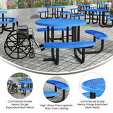 Creekside 46" Round Wheelchair Accessible Commercial Outdoor Picnic Table with Heavy Gauge Expanded Metal Mesh Seats and Top with Umbrella Hole, Blue