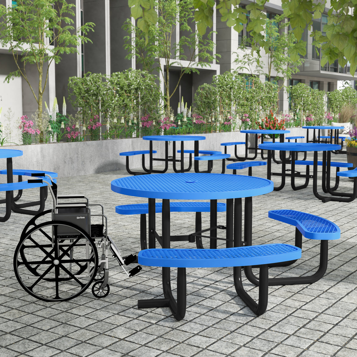 Creekside 46" Round Wheelchair Accessible Commercial Outdoor Picnic Table with Heavy Gauge Expanded Metal Mesh Seats and Top with Umbrella Hole, Blue