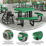 Creekside 46" Round Wheelchair Accessible Commercial Outdoor Picnic Table with Heavy Gauge Expanded Metal Mesh Seats and Top with Umbrella Hole, Green