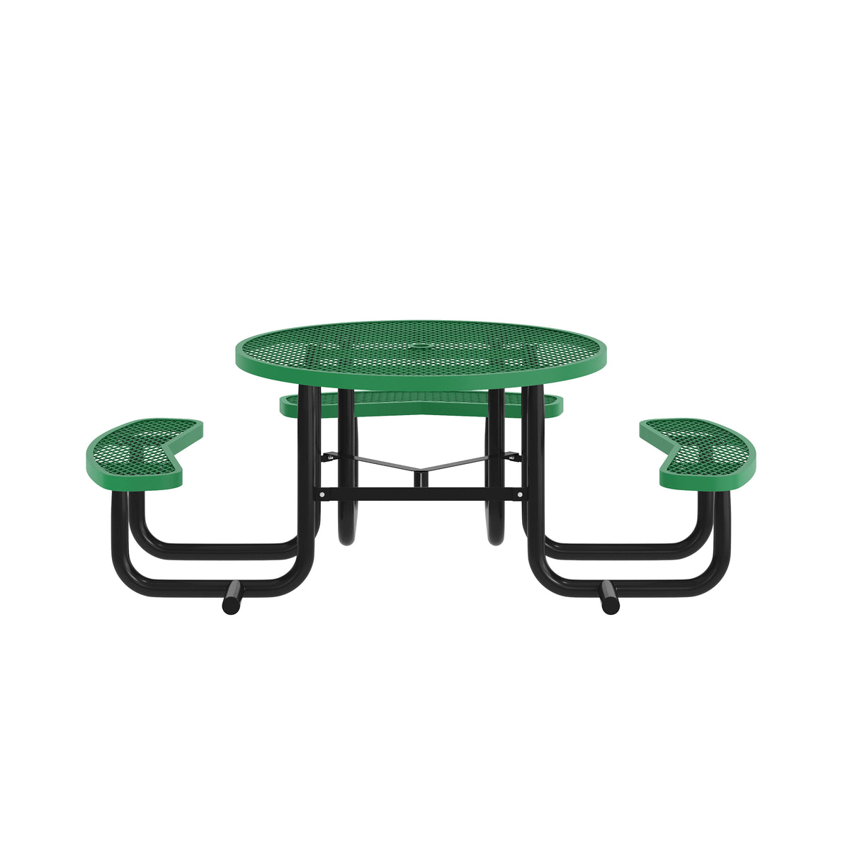 Creekside 46" Round Wheelchair Accessible Commercial Outdoor Picnic Table with Heavy Gauge Expanded Metal Mesh Seats and Top with Umbrella Hole, Green