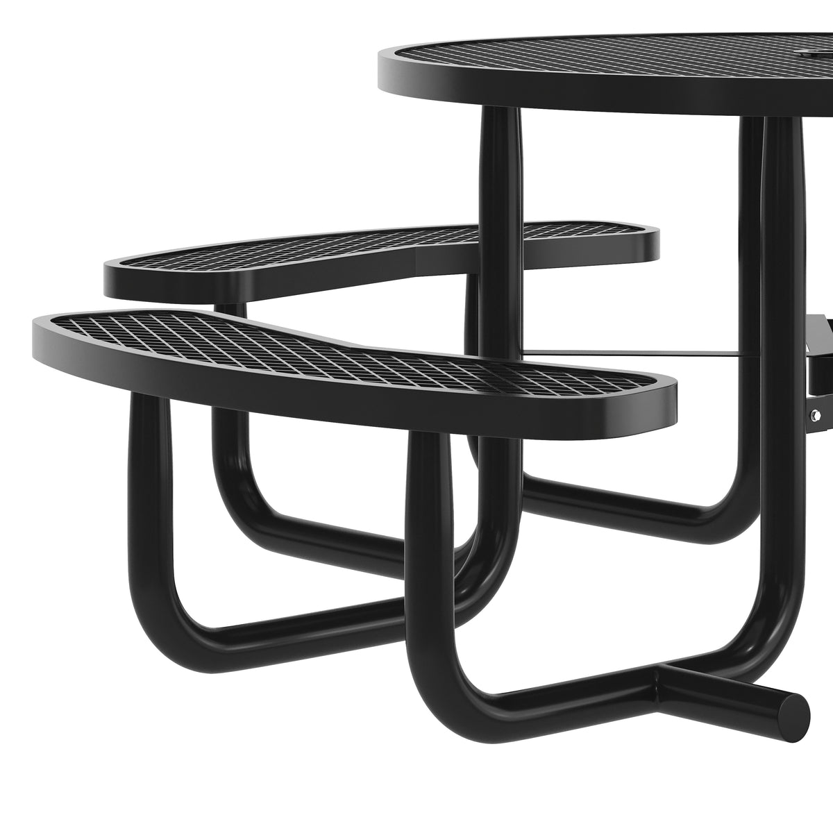 Creekside 46" Round Wheelchair Accessible Outdoor Picnic Table with Expanded Metal Mesh Seats and Top with Umbrella Hole and Ground Anchors, Black