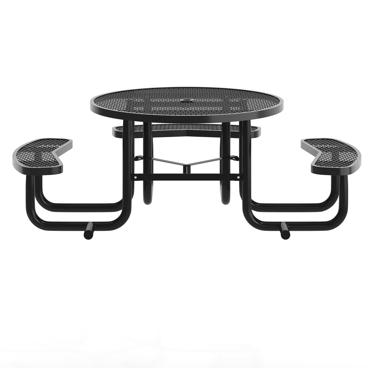 Creekside 46" Round Wheelchair Accessible Outdoor Picnic Table with Expanded Metal Mesh Seats and Top with Umbrella Hole and Ground Anchors, Black