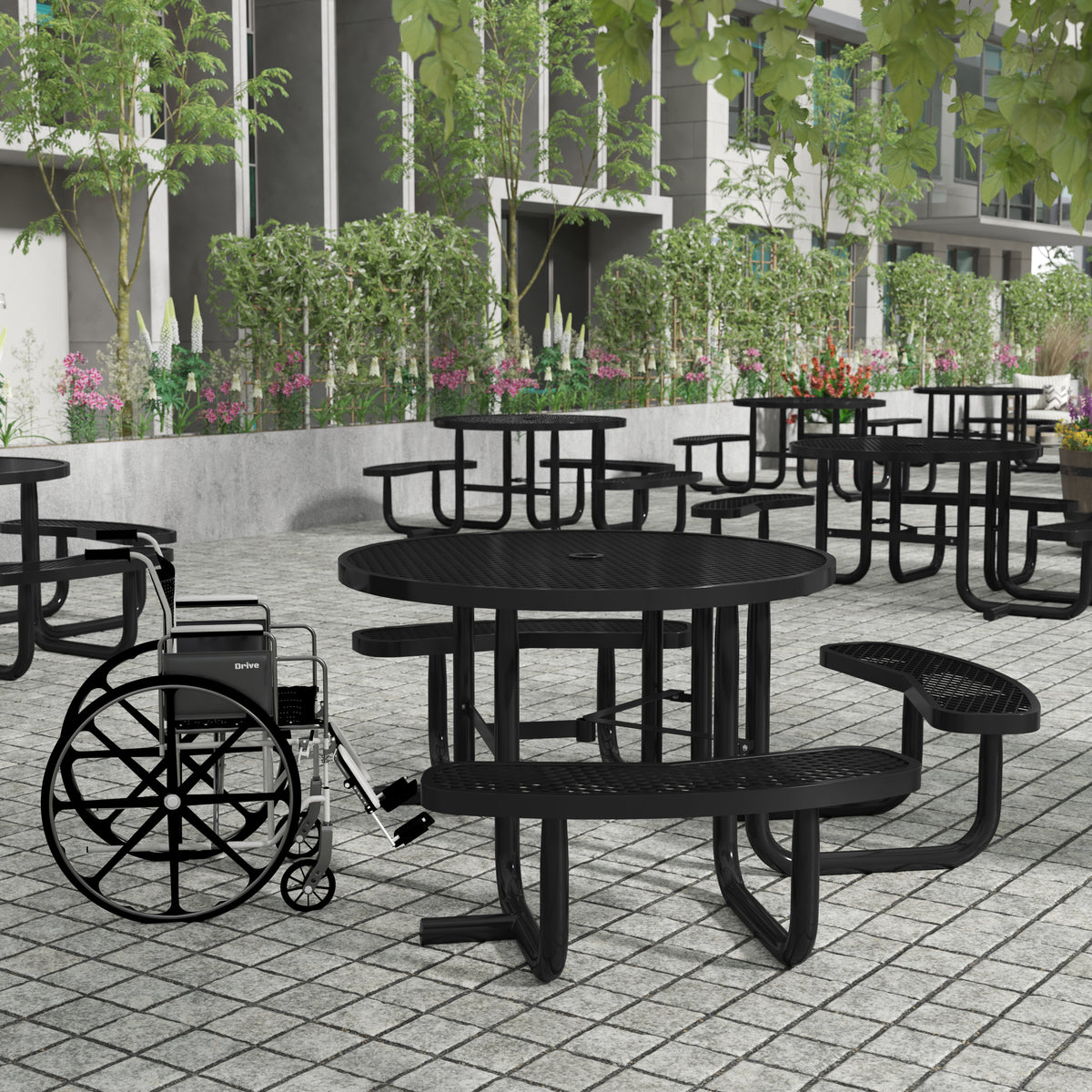Creekside 46" Round Wheelchair Accessible Outdoor Picnic Table with Expanded Metal Mesh Seats and Top with Umbrella Hole and Ground Anchors, Black