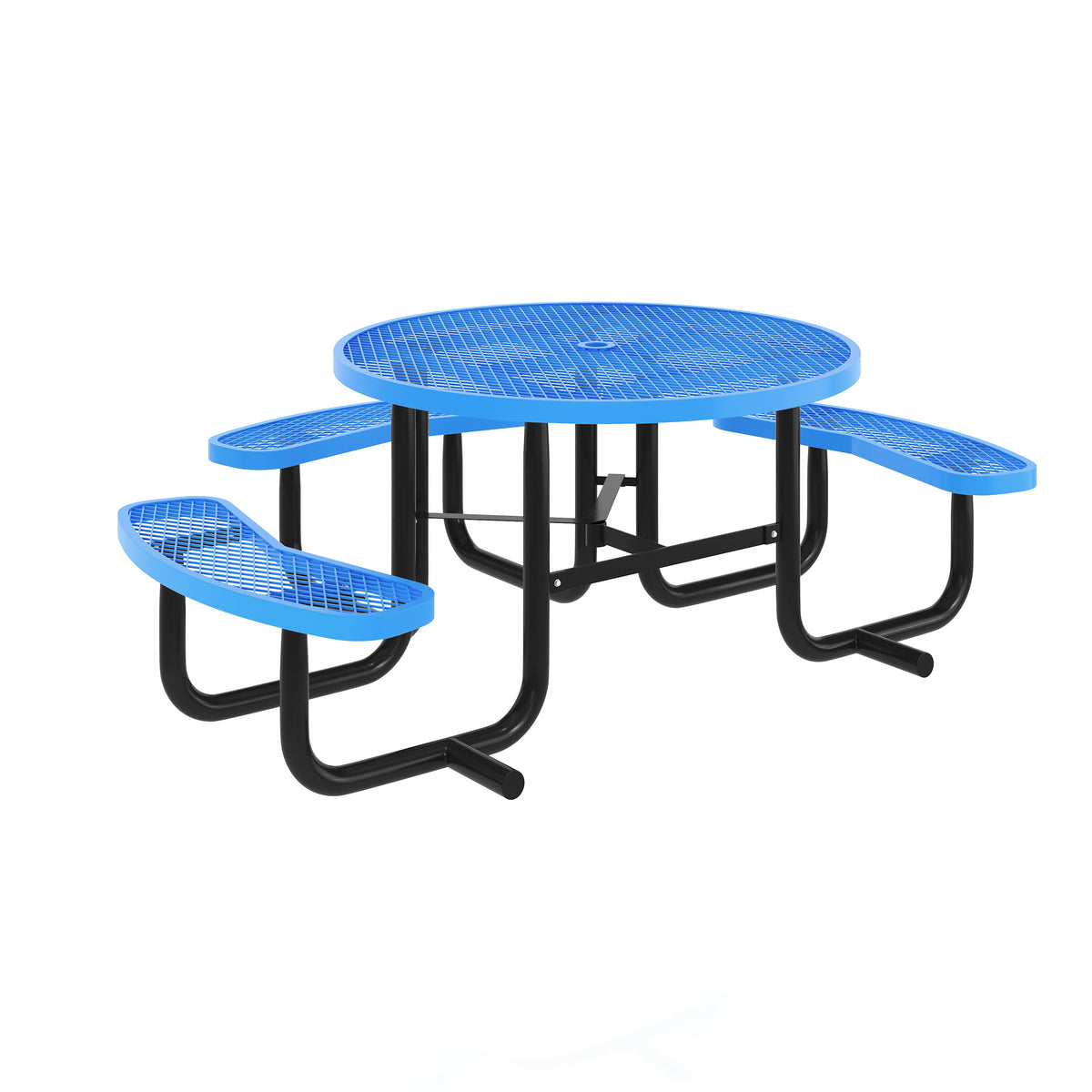 Creekside 46" Round Wheelchair Accessible Outdoor Picnic Table with Expanded Metal Mesh Seats and Top with Umbrella Hole and Ground Anchors, Blue