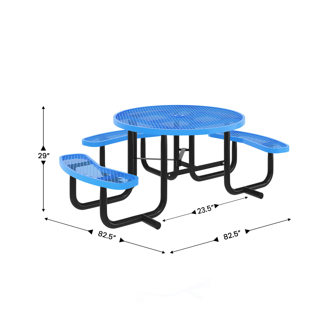 Creekside 46" Round Wheelchair Accessible Outdoor Picnic Table with Expanded Metal Mesh Seats and Top with Umbrella Hole and Ground Anchors, Blue