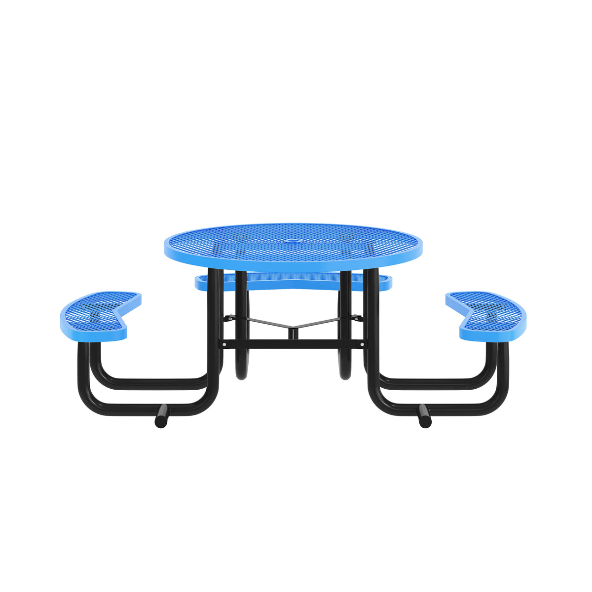 Creekside 46" Round Wheelchair Accessible Outdoor Picnic Table with Expanded Metal Mesh Seats and Top with Umbrella Hole and Ground Anchors, Blue