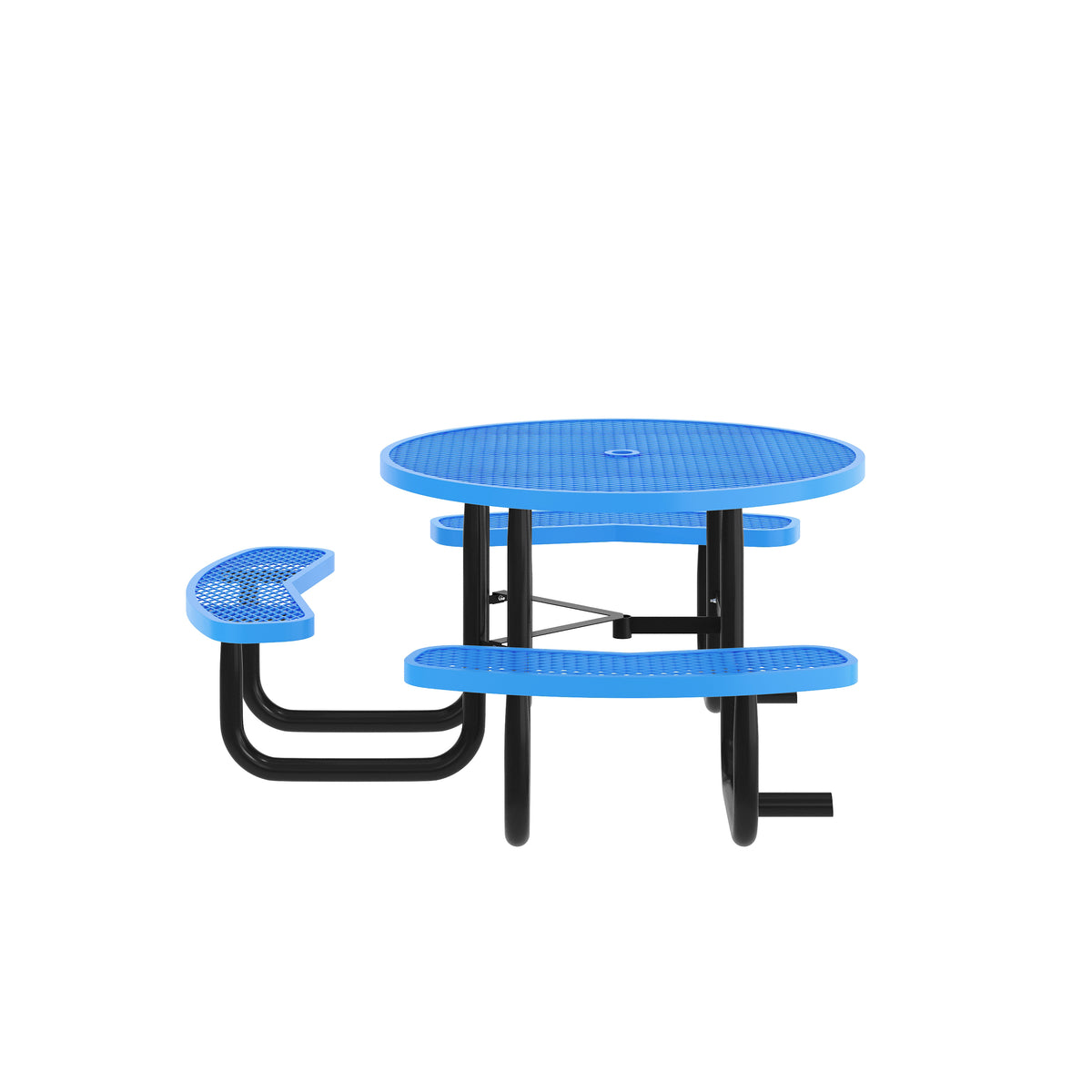 Creekside 46" Round Wheelchair Accessible Outdoor Picnic Table with Expanded Metal Mesh Seats and Top with Umbrella Hole and Ground Anchors, Blue