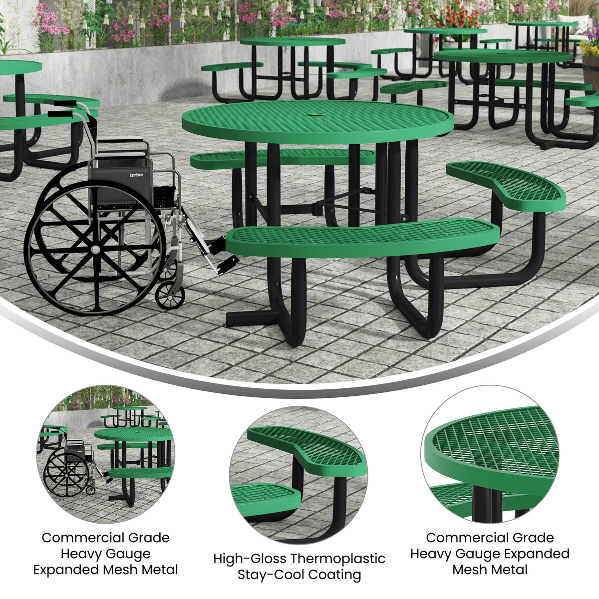Creekside 46" Round Wheelchair Accessible Outdoor Picnic Table with Expanded Metal Mesh Seats and Top with Umbrella Hole and Ground Anchors, Green