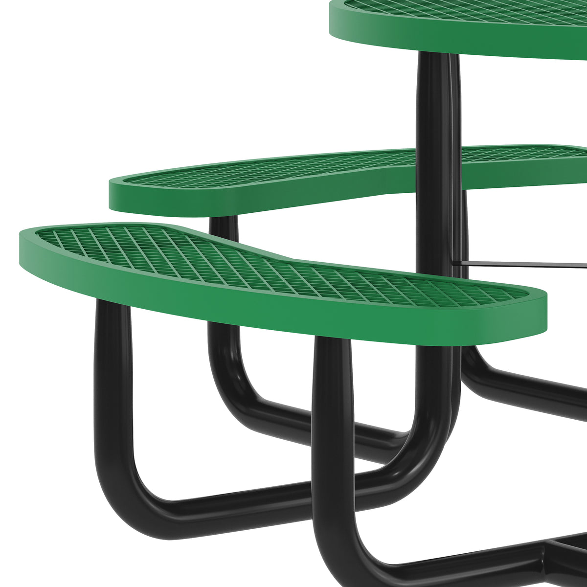 Creekside 46" Round Wheelchair Accessible Outdoor Picnic Table with Expanded Metal Mesh Seats and Top with Umbrella Hole and Ground Anchors, Green