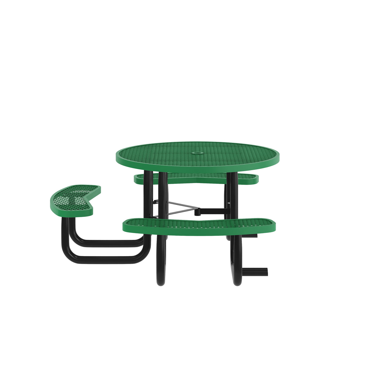 Creekside 46" Round Wheelchair Accessible Outdoor Picnic Table with Expanded Metal Mesh Seats and Top with Umbrella Hole and Ground Anchors, Green