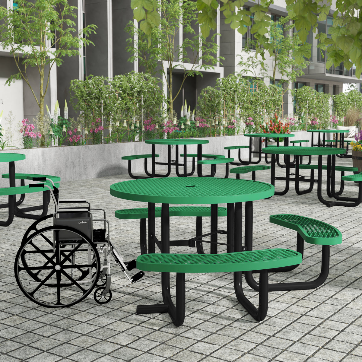 Creekside 46" Round Wheelchair Accessible Outdoor Picnic Table with Expanded Metal Mesh Seats and Top with Umbrella Hole and Ground Anchors, Green