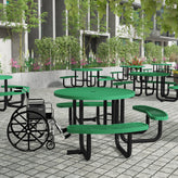 Creekside 46" Round Wheelchair Accessible Outdoor Picnic Table with Expanded Metal Mesh Seats and Top with Umbrella Hole and Ground Anchors, Green