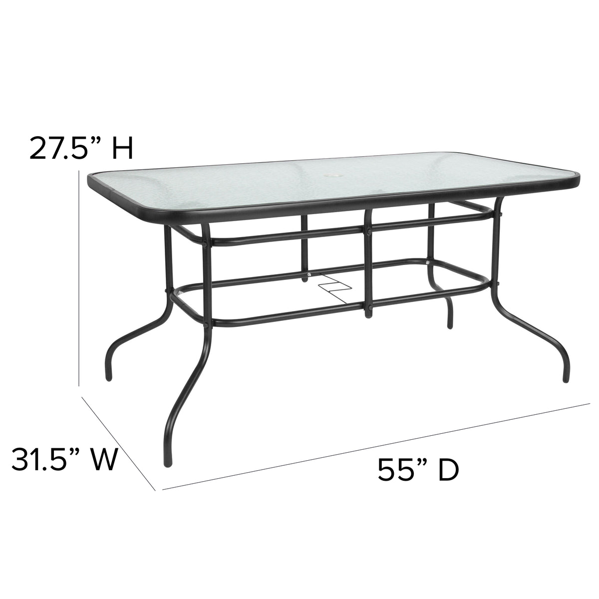 Brazos 7 Piece Outdoor Patio Dining Set - 55" Tempered Glass Patio Table with Umbrella Hole, 6 Black Flex Comfort Stack Chairs