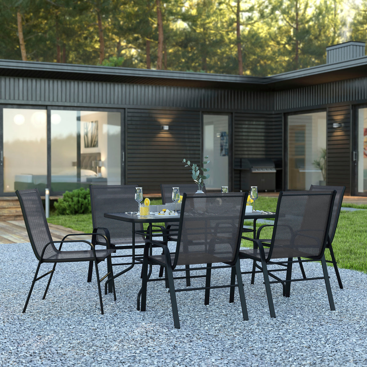 Brazos 7 Piece Outdoor Patio Dining Set - 55" Tempered Glass Patio Table with Umbrella Hole, 6 Black Flex Comfort Stack Chairs