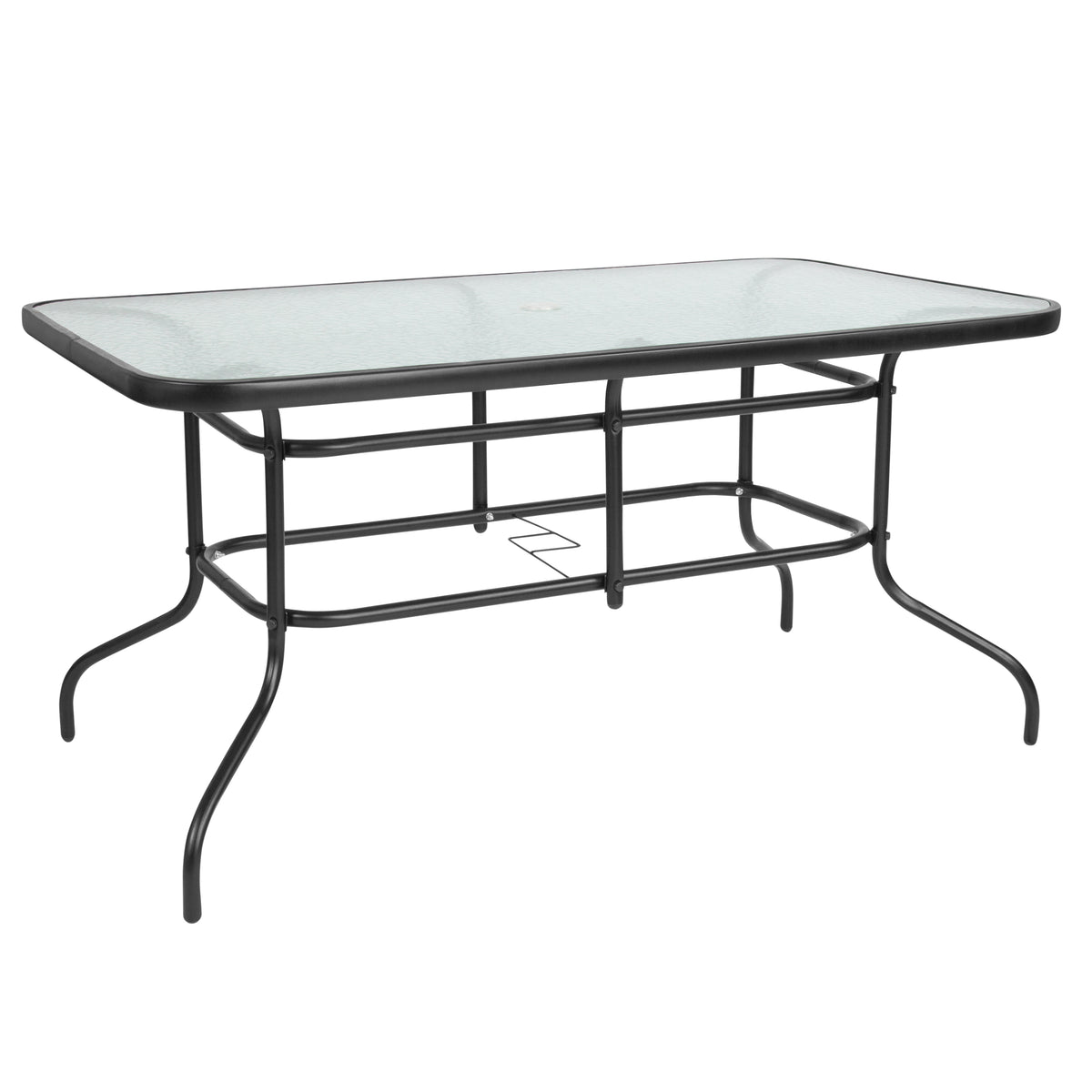 Brazos 7 Piece Outdoor Patio Dining Set - 55" Tempered Glass Patio Table with Umbrella Hole, 6 Black Flex Comfort Stack Chairs