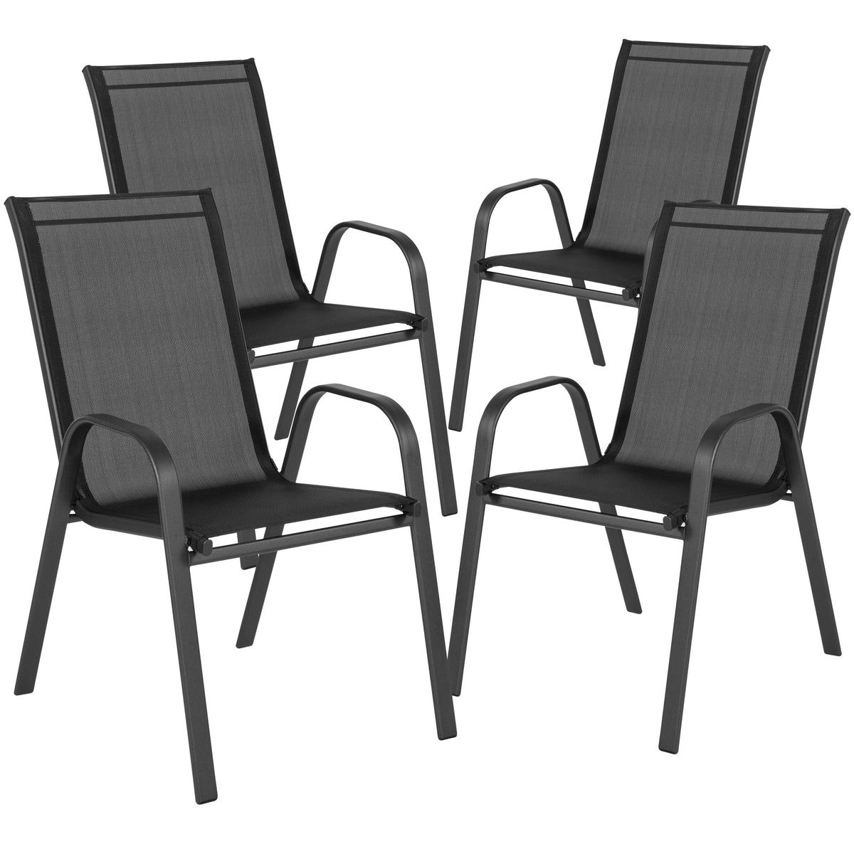 Brazos 7 Piece Outdoor Patio Dining Set - 55" Tempered Glass Patio Table with Umbrella Hole, 6 Black Flex Comfort Stack Chairs