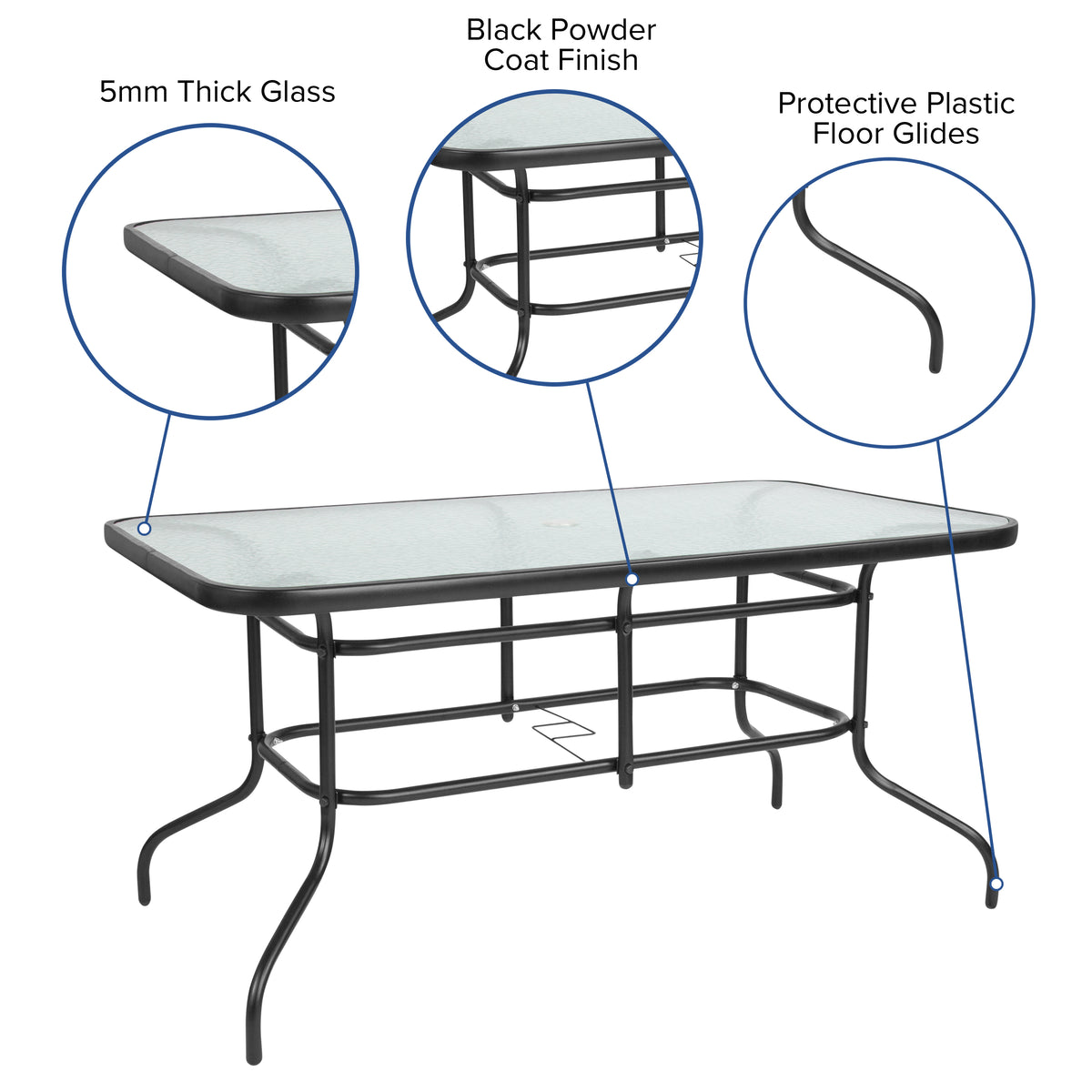 Brazos 7 Piece Outdoor Patio Dining Set - 55" Tempered Glass Patio Table with Umbrella Hole, 6 Black Flex Comfort Stack Chairs