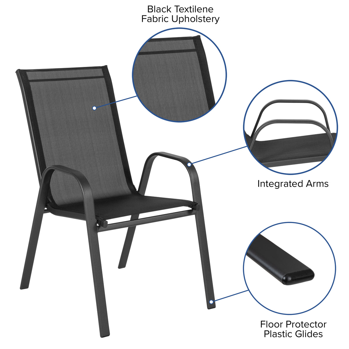 Brazos 7 Piece Outdoor Patio Dining Set - 55" Tempered Glass Patio Table with Umbrella Hole, 6 Black Flex Comfort Stack Chairs