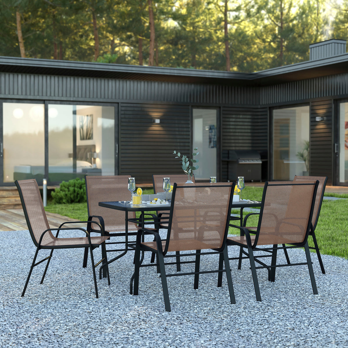 Brazos 7 Piece Outdoor Patio Dining Set - 55" Tempered Glass Patio Table with Umbrella Hole, 6 Brown Flex Comfort Stack Chairs