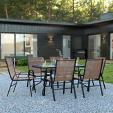 Brazos 7 Piece Outdoor Patio Dining Set - 55" Tempered Glass Patio Table with Umbrella Hole, 6 Brown Flex Comfort Stack Chairs