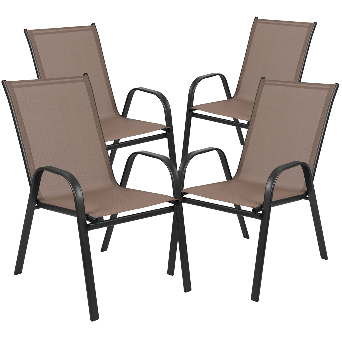 Brazos 7 Piece Outdoor Patio Dining Set - 55" Tempered Glass Patio Table with Umbrella Hole, 6 Brown Flex Comfort Stack Chairs