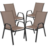 Brazos 7 Piece Outdoor Patio Dining Set - 55" Tempered Glass Patio Table with Umbrella Hole, 6 Brown Flex Comfort Stack Chairs