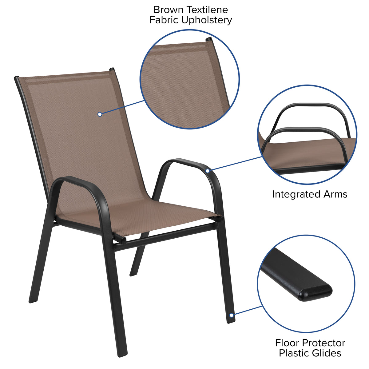 Brazos 7 Piece Outdoor Patio Dining Set - 55" Tempered Glass Patio Table with Umbrella Hole, 6 Brown Flex Comfort Stack Chairs